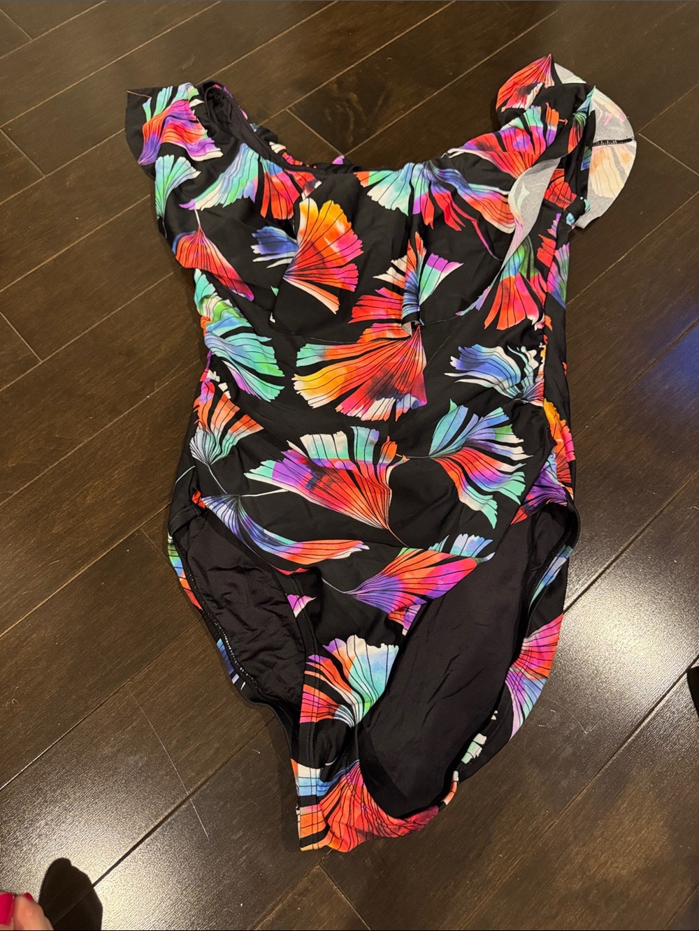 La Blanca One-Piece Swimsuit with Multicolor Fan Print - Black- off shoulder